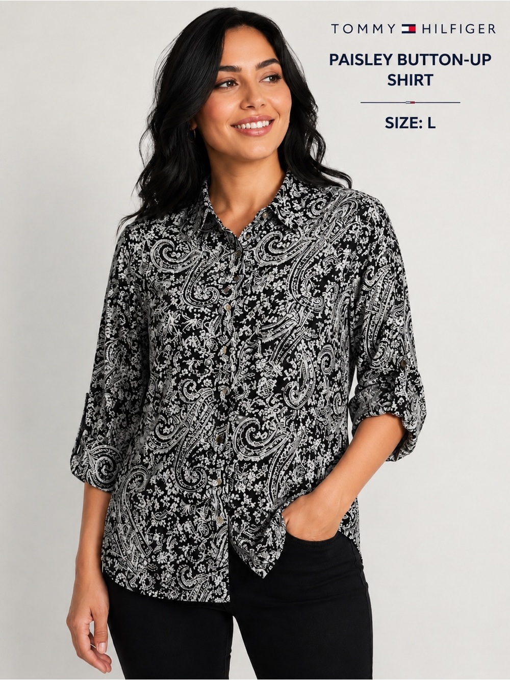 TOMMY HILFIGER Black and White Paisley Button-Up Shirt/size L